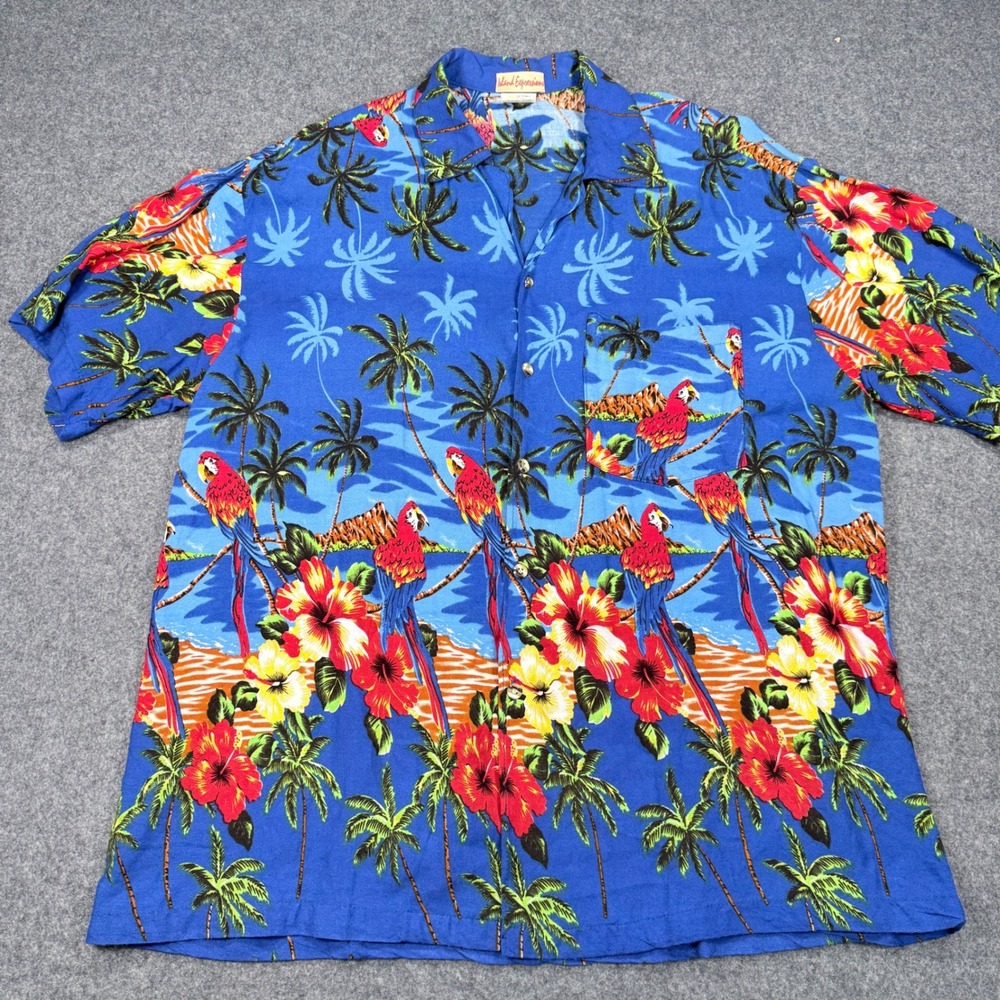 Island Expressions Mens XL Blue Parrot Hibiscus Tropical Rayon Hawaiian Shirt